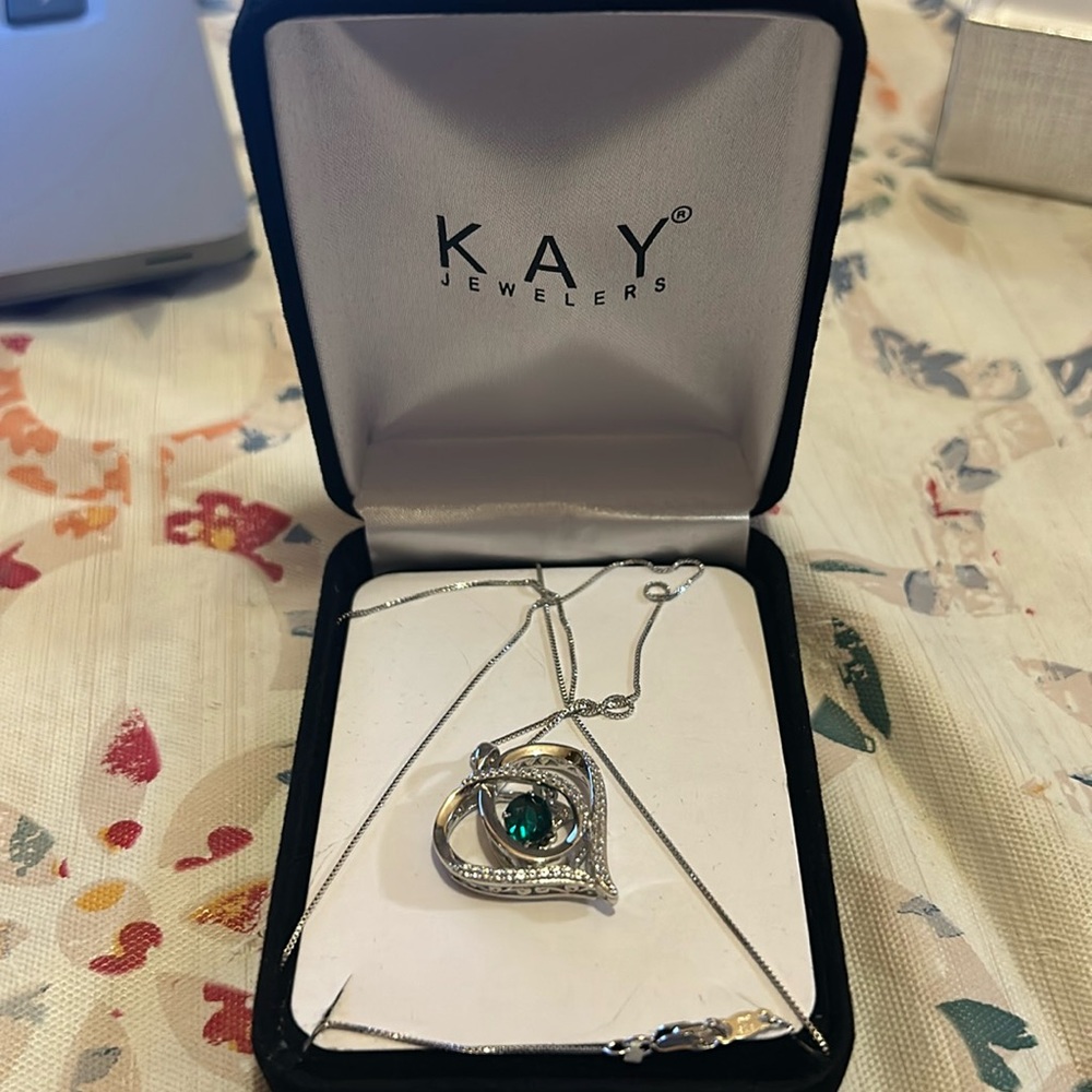 Emerald & White Lab-Created Sapphire Heart Loop Necklace Sterling Silver 18"